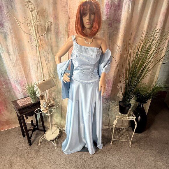 New📌Mary's Beaded Light Blue Formal - Prom - Bridesmaid Dress - Matching Scarf - Picture 1 of 16